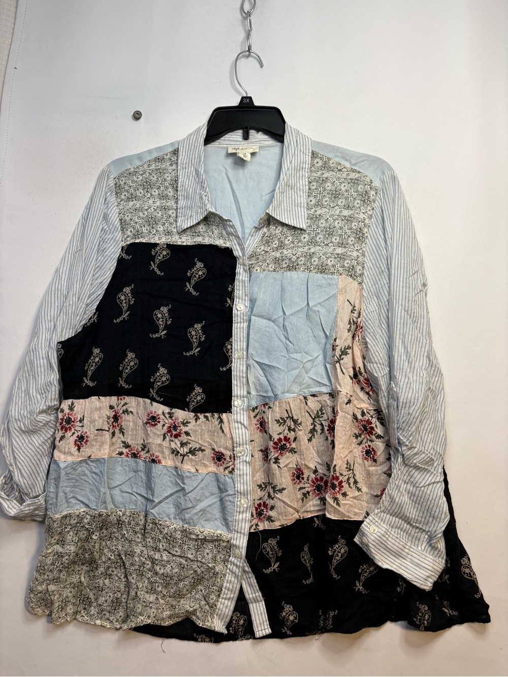 Style & Co. Patchwork Floral Button-Down Shirt in Light Blue, Black, Cream 3X